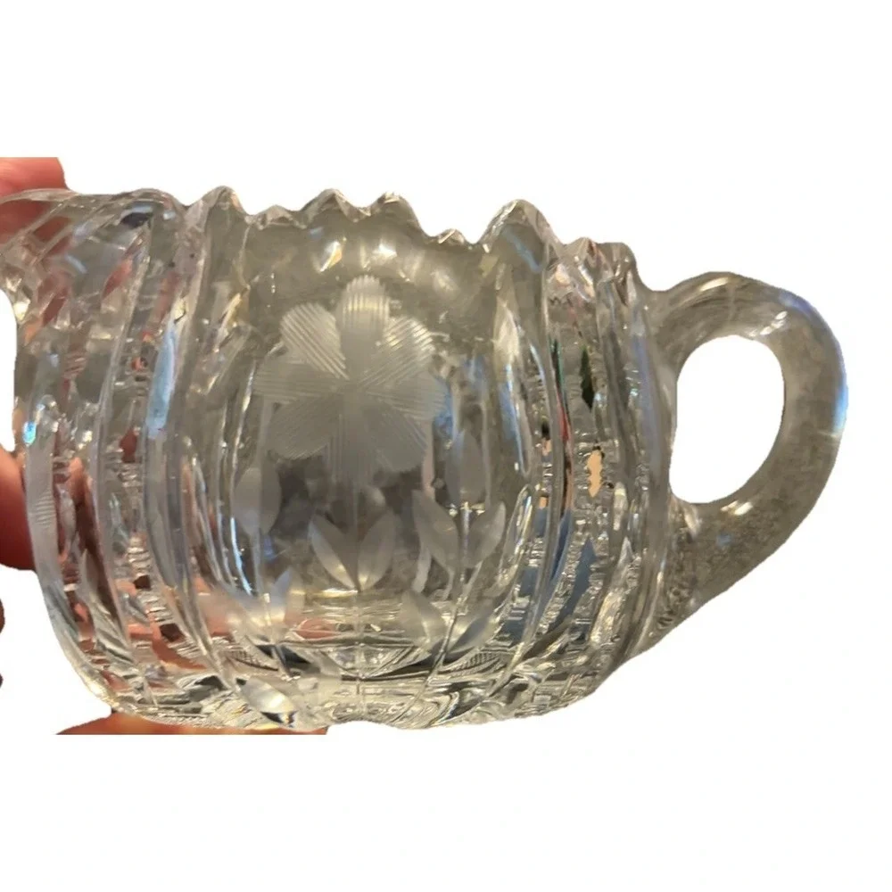 Vtg Heavy Cut Crystal Creamer & Sugar Set‎ Etched Floral Double Handle Sugar